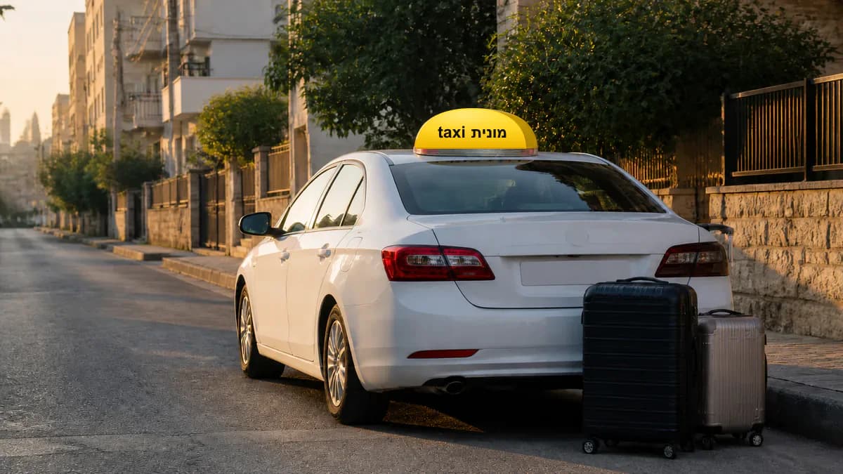מונית לבנה עם כובע צהוב ועליו הכיתוב מונית taxi ומזוודות לקראת יציאה מבני ברק