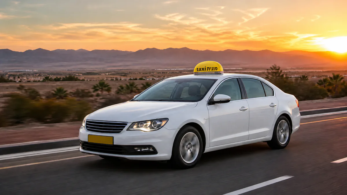 מונית לבנה עם כובע צהוב ועליו הכיתוב מונית taxi לאחר נסיעה מנתב״ג לאילת