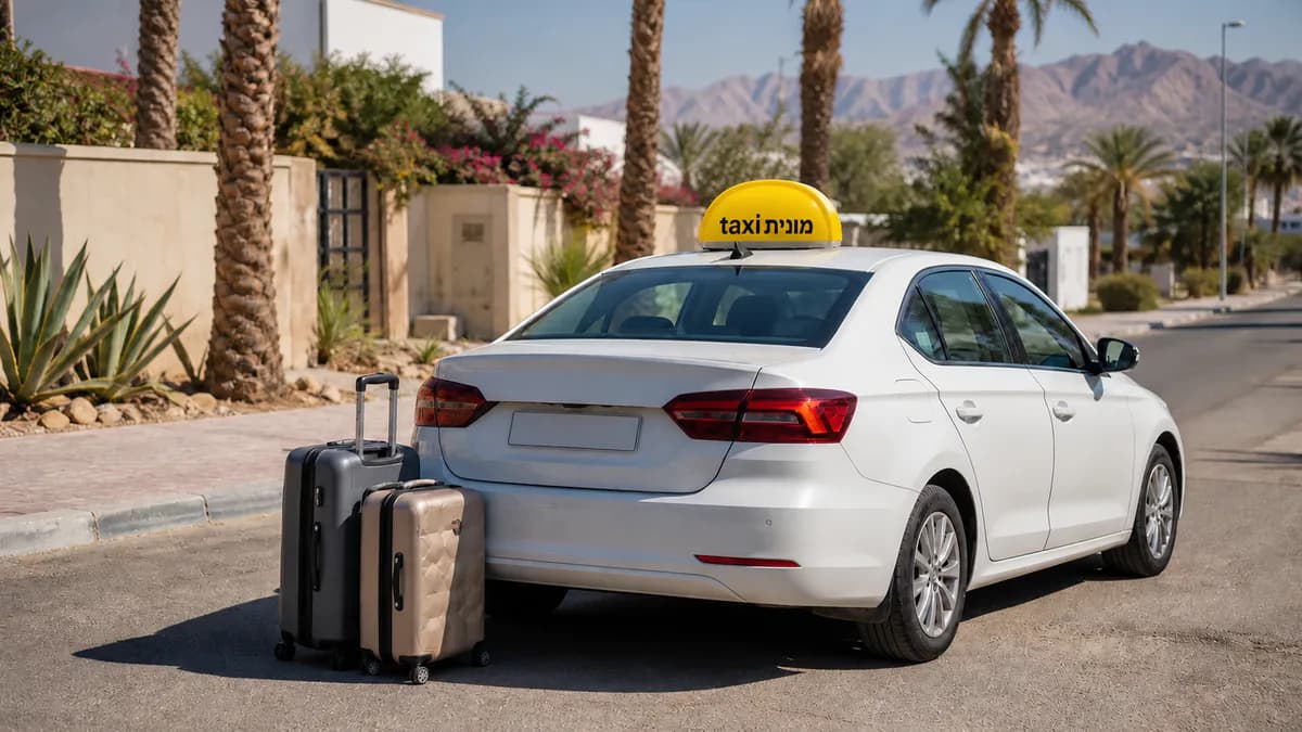 מונית לבנה עם כובע צהוב ועליו הכיתוב מונית taxi ומזוודות לקראת יציאה מאילת