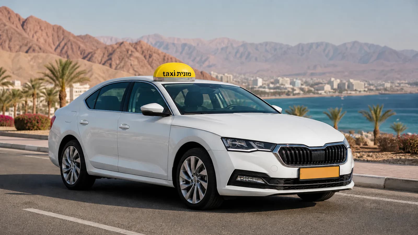 מונית לבנה עם כובע צהוב ועליו הכיתוב מונית taxi בתכנון מסלול בין אילת לנתב״ג