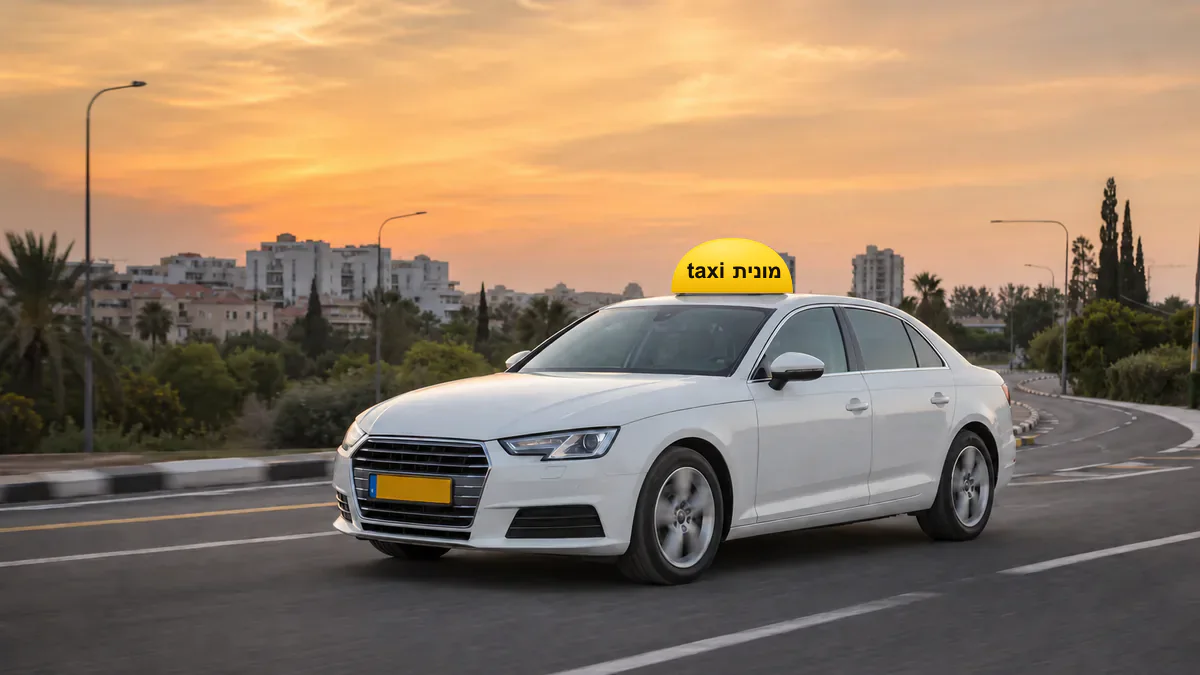 מונית לבנה עם כובע צהוב ועליו הכיתוב מונית taxi לאחר נסיעה מנתב״ג לחדרה
