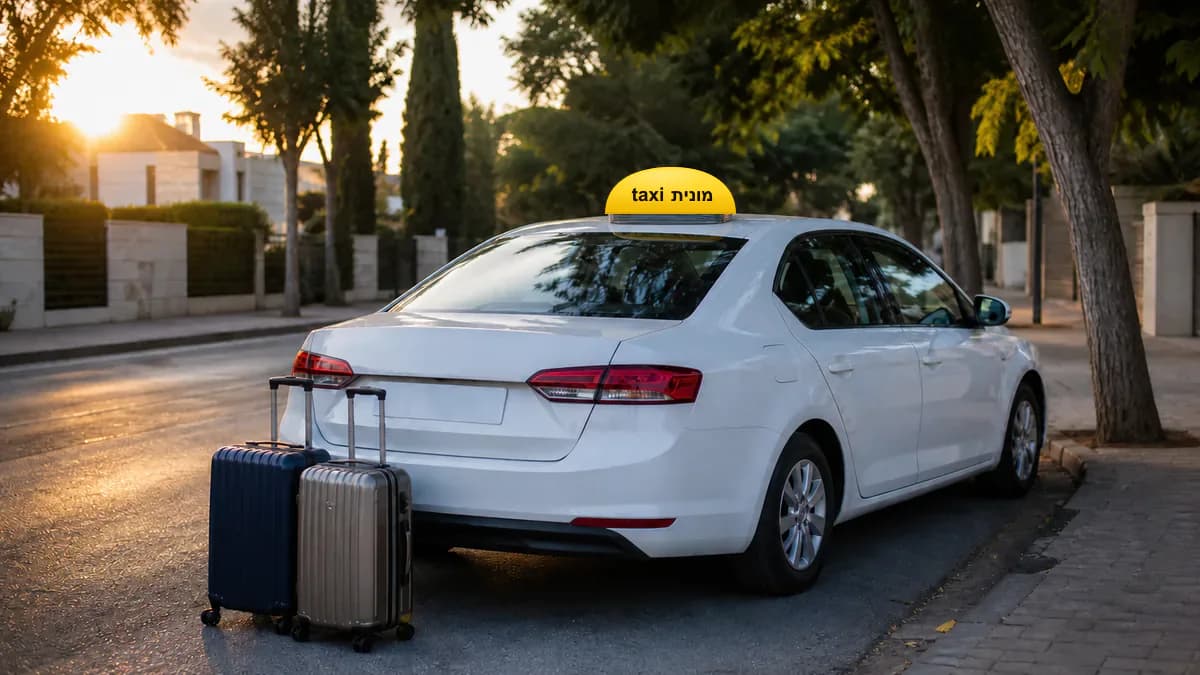 מונית לבנה עם כובע צהוב ועליו הכיתוב מונית taxi ומזוודות לקראת יציאה מחדרה
