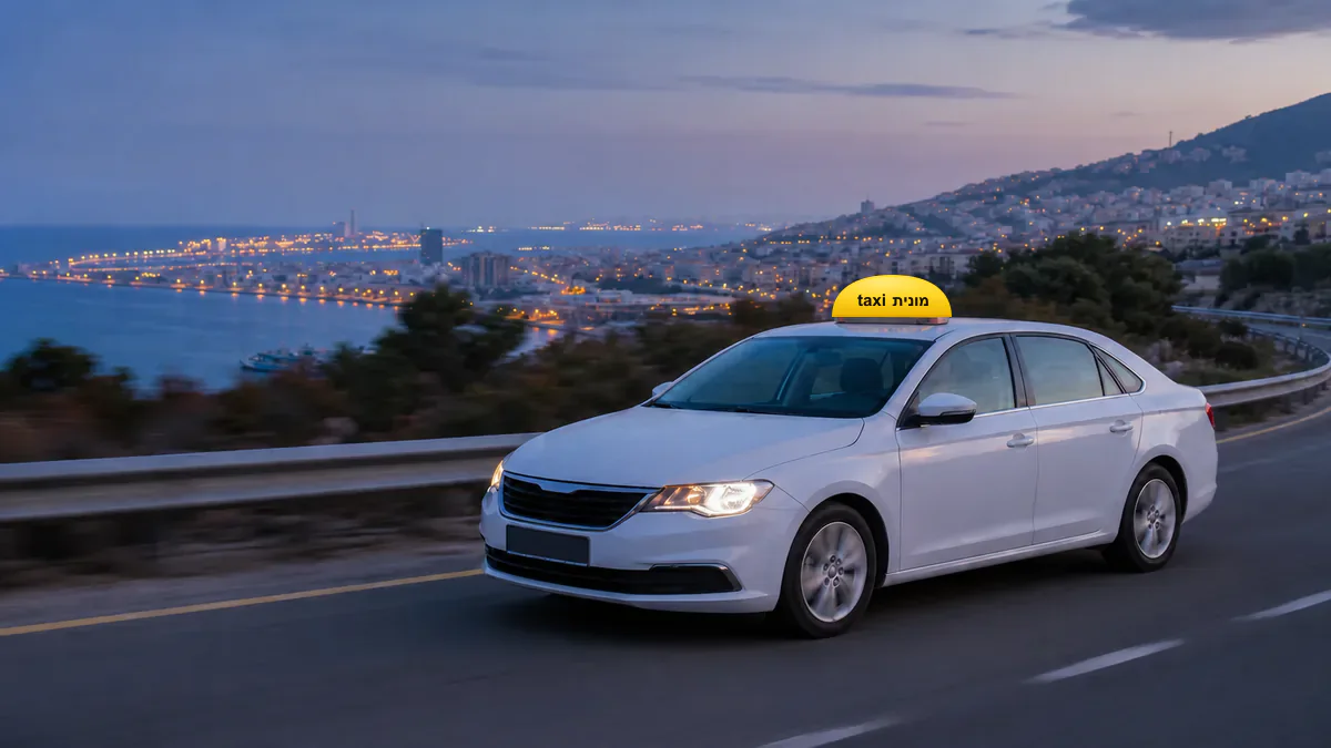 מונית לבנה עם כובע צהוב ועליו הכיתוב מונית taxi לאחר נסיעה מנתב״ג לחיפה