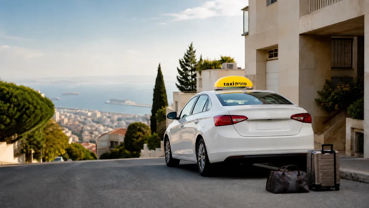מונית לבנה עם כובע צהוב ועליו הכיתוב מונית taxi ומזוודות לקראת יציאה מחיפה