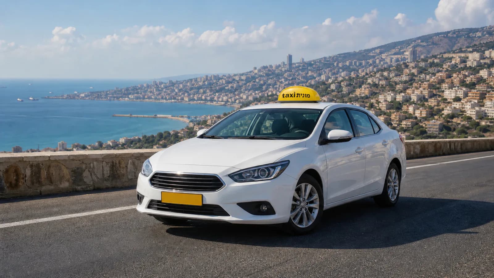 מונית לבנה עם כובע צהוב ועליו הכיתוב מונית taxi בתכנון מסלול בין חיפה לנתב״ג
