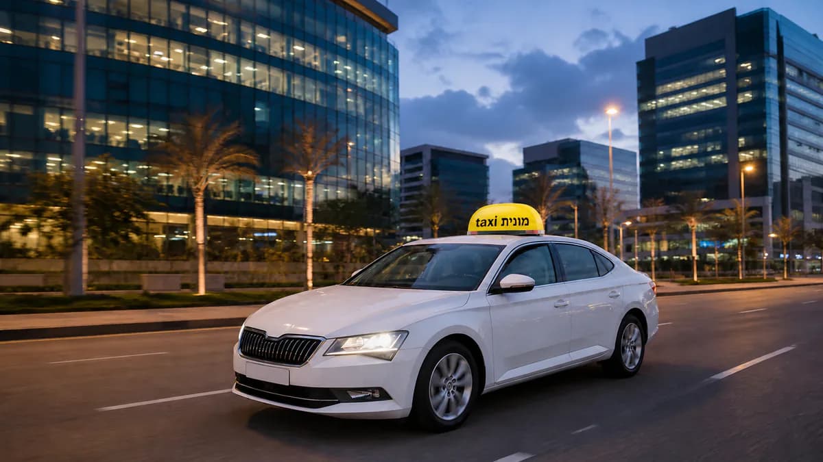 מונית לבנה עם כובע צהוב ועליו הכיתוב מונית taxi לאחר נסיעה מנתב״ג להרצליה