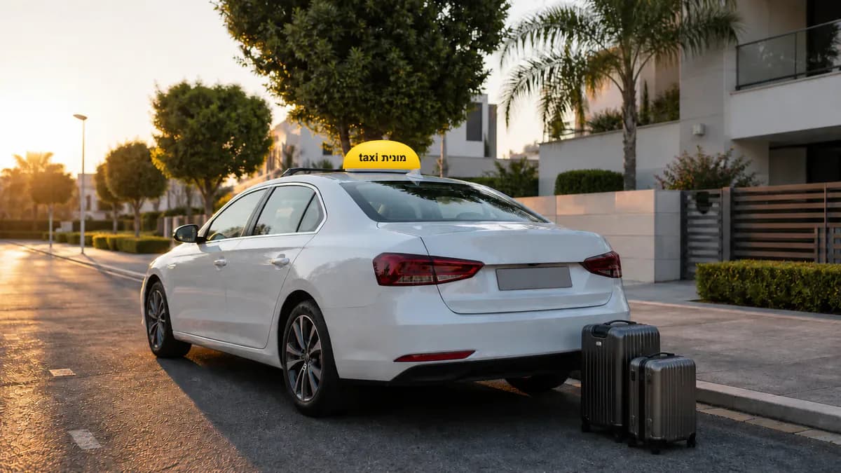 מונית לבנה עם כובע צהוב ועליו הכיתוב מונית taxi ומזוודות לקראת יציאה מהרצליה