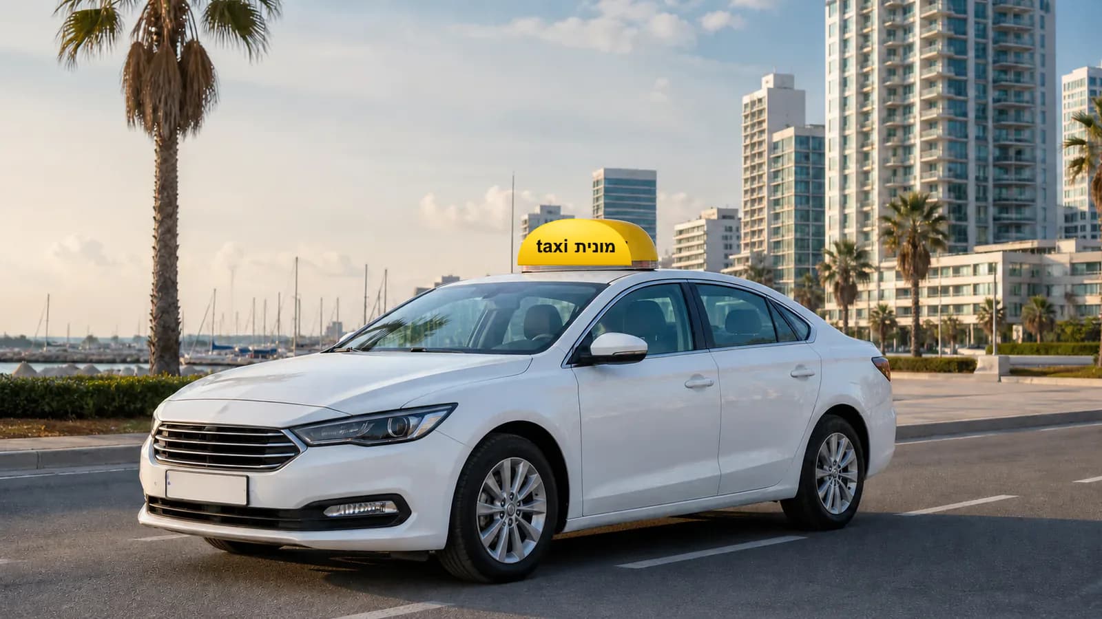 מונית לבנה עם כובע צהוב ועליו הכיתוב מונית taxi בתכנון מסלול בין הרצליה לנתב״ג