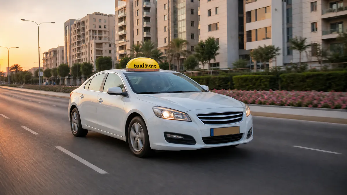 מונית לבנה עם כובע צהוב ועליו הכיתוב מונית taxi לאחר נסיעה מנתב״ג לחולון