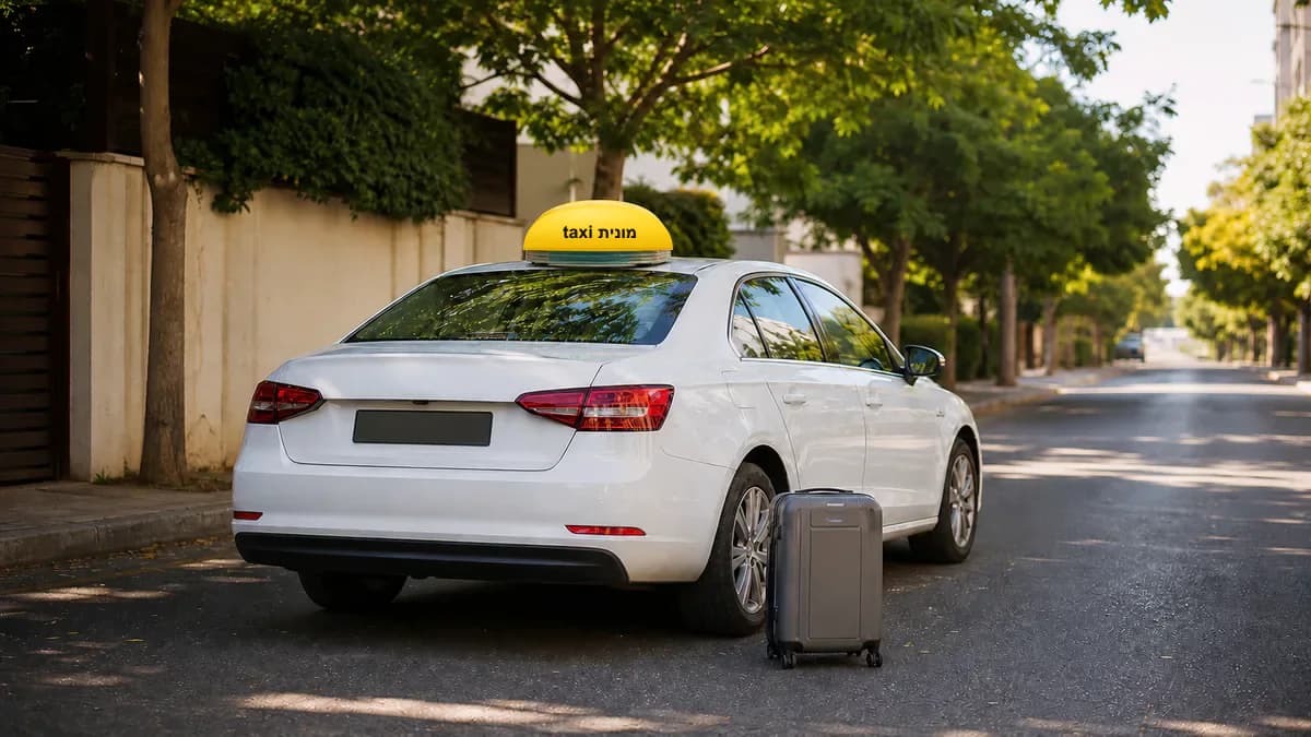 מונית לבנה עם כובע צהוב ועליו הכיתוב מונית taxi ומזוודות לקראת יציאה מחולון
