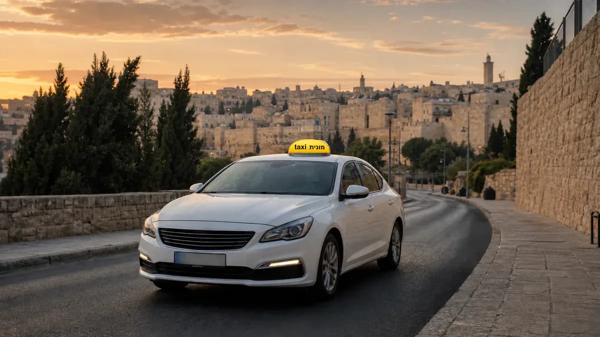 מונית לבנה עם כובע צהוב ועליו הכיתוב מונית taxi לאחר נסיעה מנתב״ג לירושלים