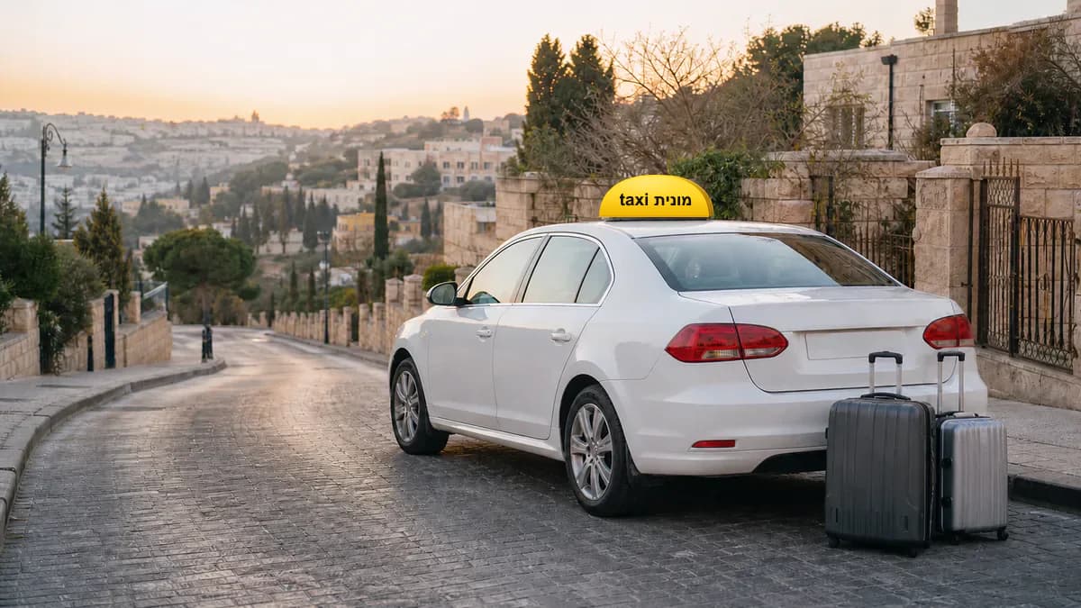 מונית לבנה עם כובע צהוב ועליו הכיתוב מונית taxi ומזוודות לקראת יציאה מירושלים