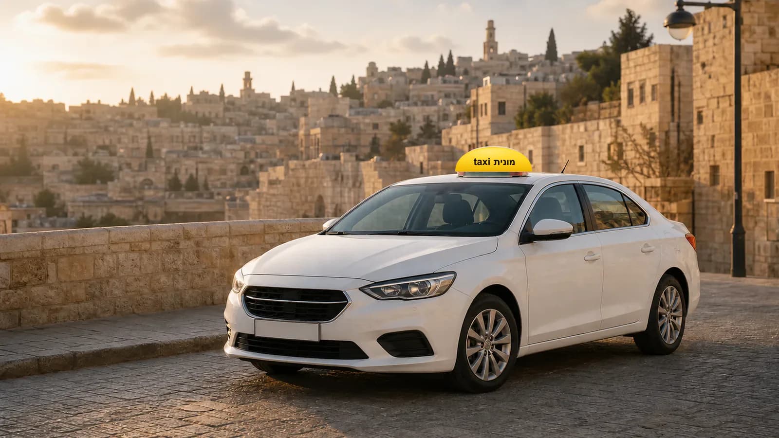 מונית לבנה עם כובע צהוב ועליו הכיתוב מונית taxi בתכנון מסלול בין ירושלים לנתב״ג