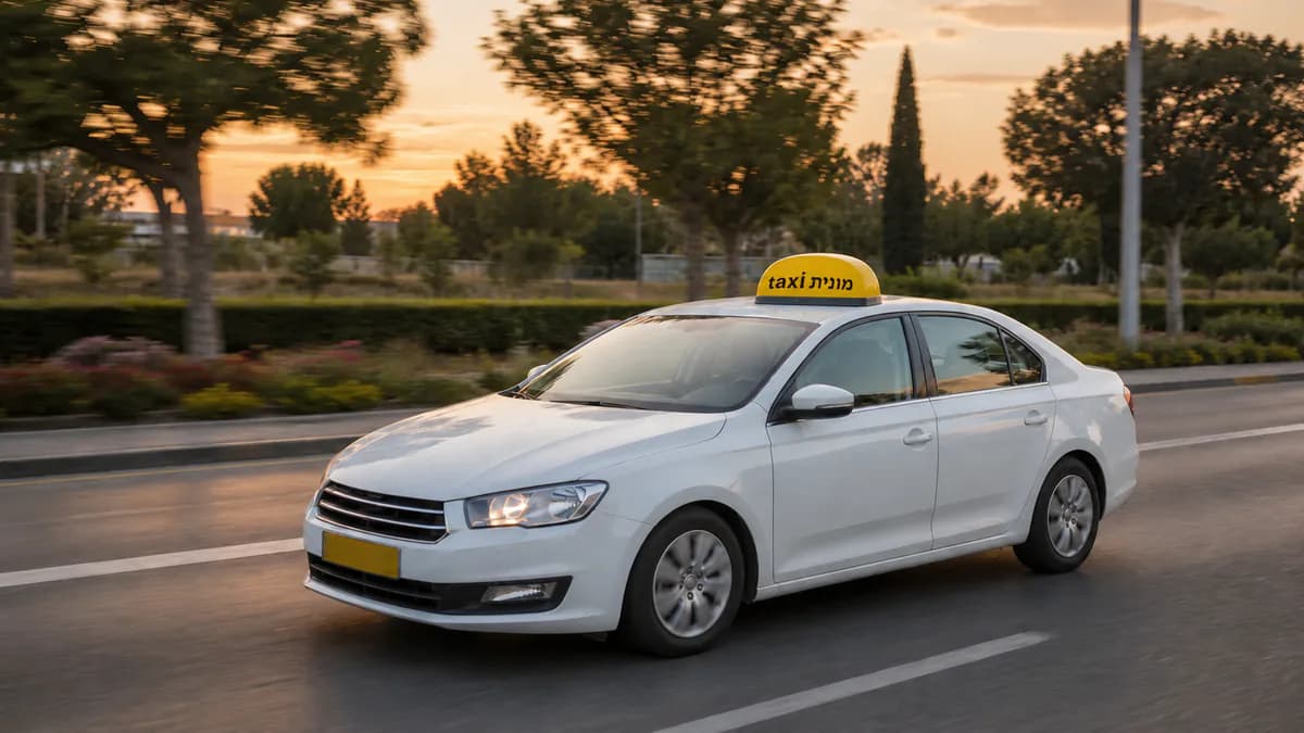 מונית לבנה עם כובע צהוב ועליו הכיתוב מונית taxi לאחר נסיעה מנתב״ג לכפר סבא