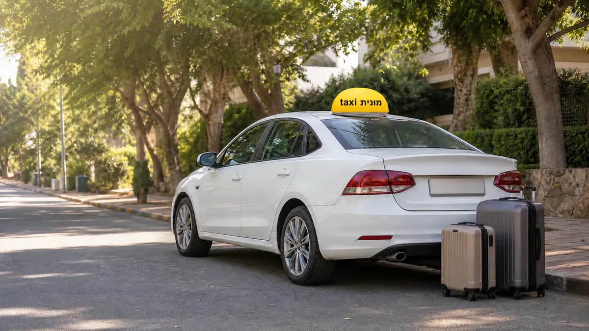 מונית לבנה עם כובע צהוב ועליו הכיתוב מונית taxi ומזוודות לקראת יציאה מכפר סבא