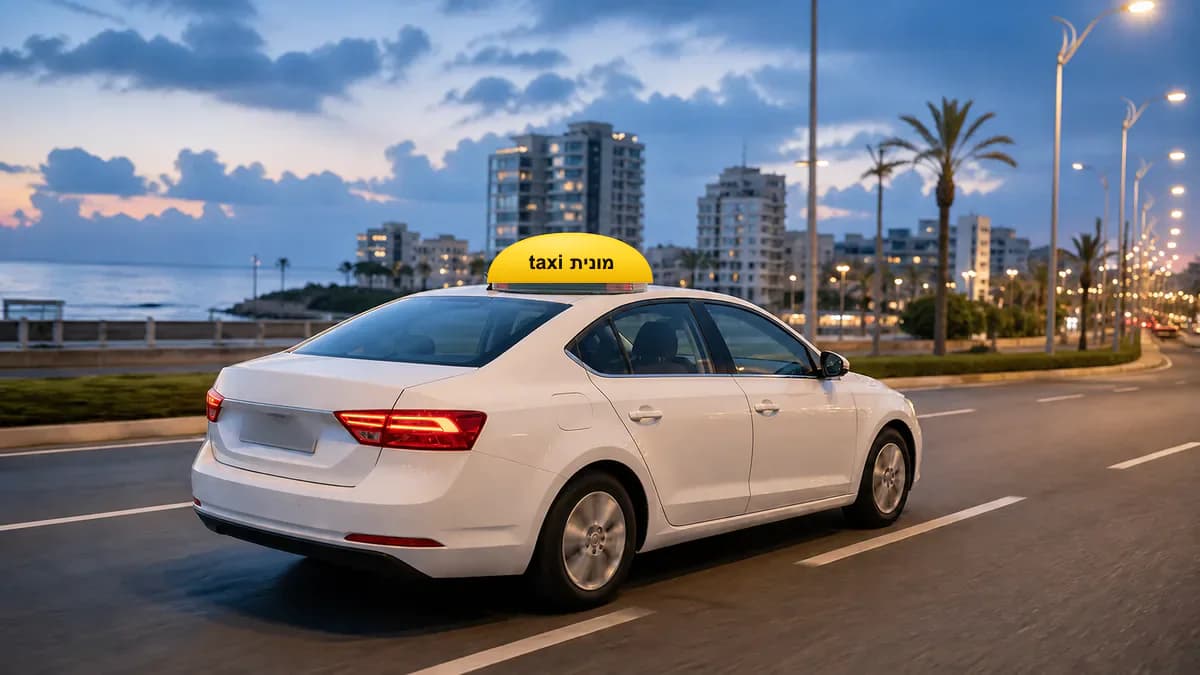 מונית לבנה עם כובע צהוב ועליו הכיתוב מונית taxi לאחר נסיעה מנתב״ג לנתניה