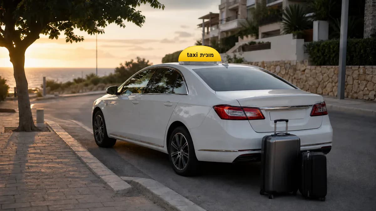 מונית לבנה עם כובע צהוב ועליו הכיתוב מונית taxi ומזוודות לקראת יציאה מנתניה