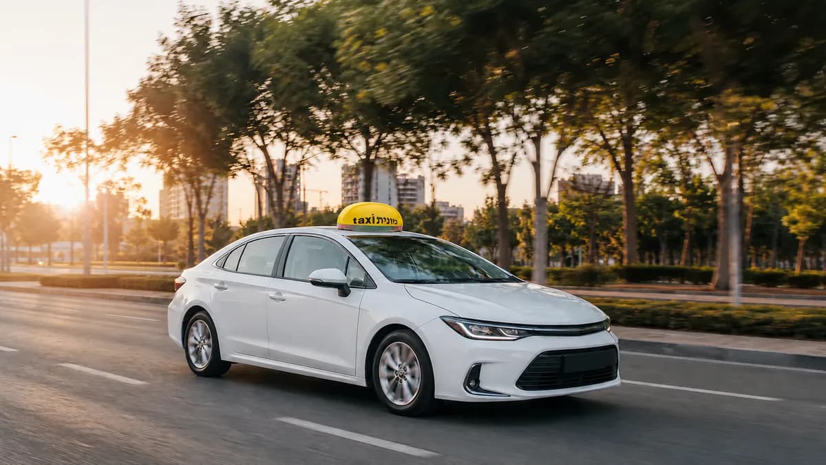 מונית לבנה עם כובע צהוב ועליו הכיתוב מונית taxi לאחר נסיעה מנתב״ג לפתח תקווה