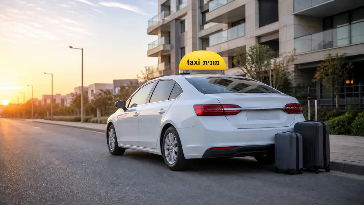 מונית לבנה עם כובע צהוב ועליו הכיתוב מונית taxi ומזוודות לקראת יציאה מפתח תקווה