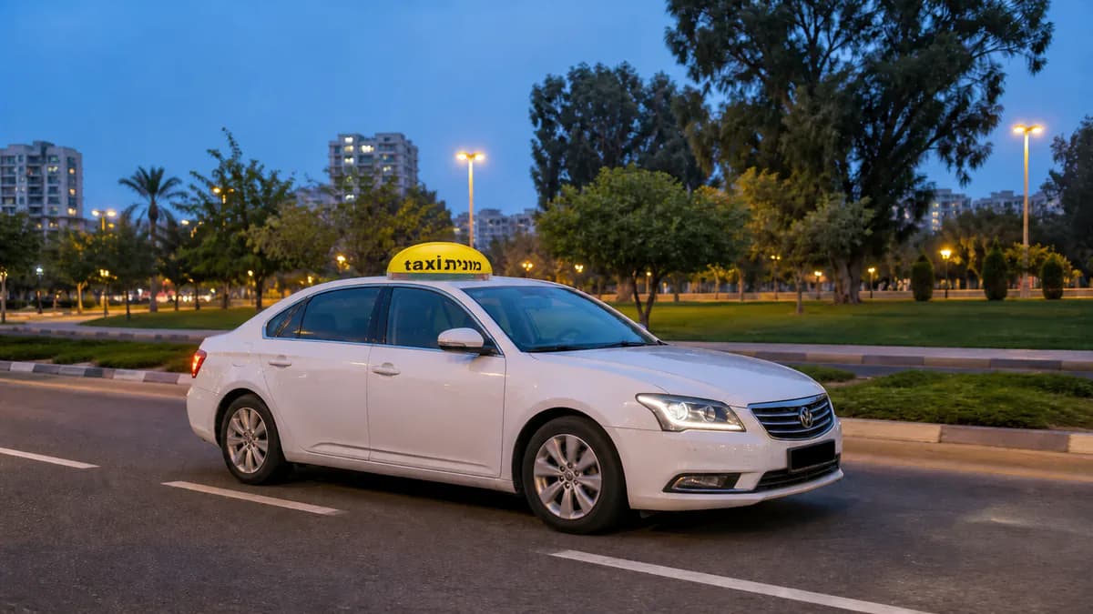 מונית לבנה עם כובע צהוב ועליו הכיתוב מונית taxi לאחר נסיעה מנתב״ג לרעננה