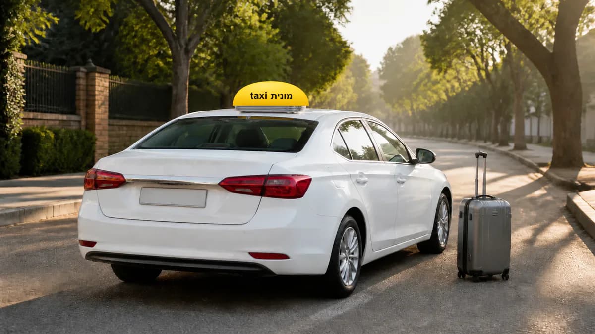 מונית לבנה עם כובע צהוב ועליו הכיתוב מונית taxi ומזוודות לקראת יציאה מרעננה