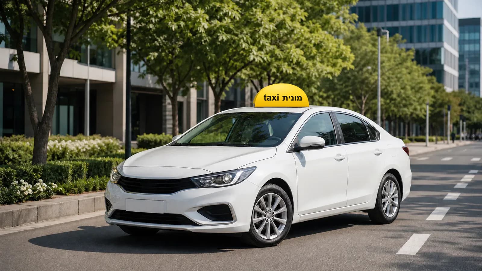 מונית לבנה עם כובע צהוב ועליו הכיתוב מונית taxi בתכנון מסלול בין רעננה לנתב״ג