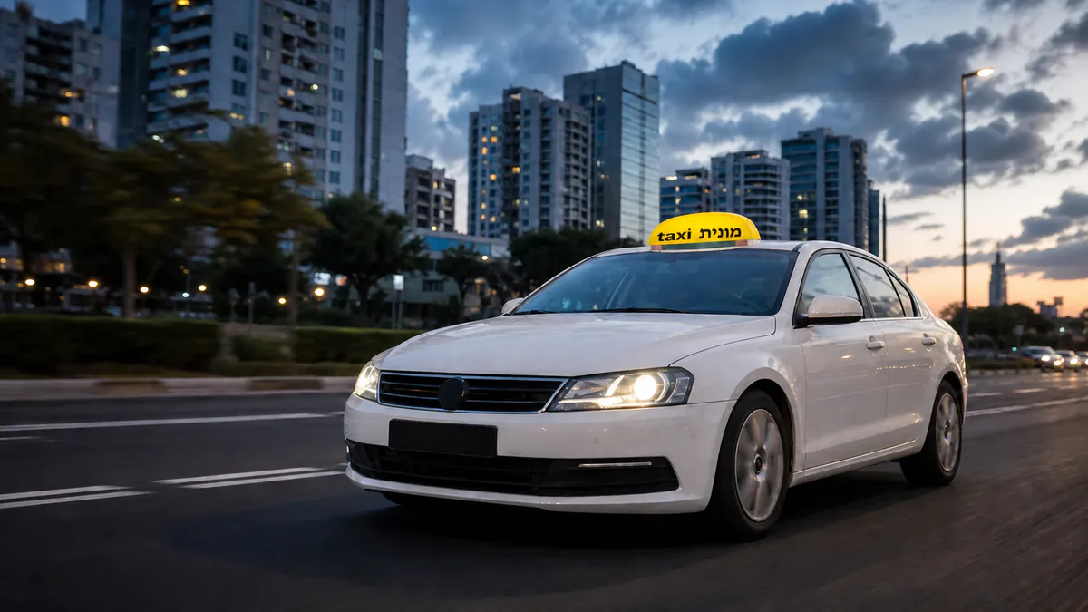 מונית לבנה עם כובע צהוב ועליו הכיתוב מונית taxi לאחר נסיעה מנתב״ג לרמת גן