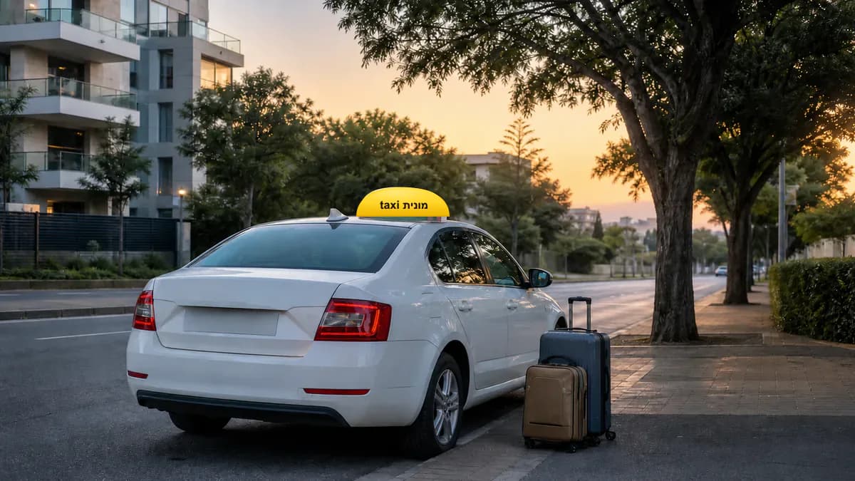 מונית לבנה עם כובע צהוב ועליו הכיתוב מונית taxi ומזוודות לקראת יציאה מרמת גן