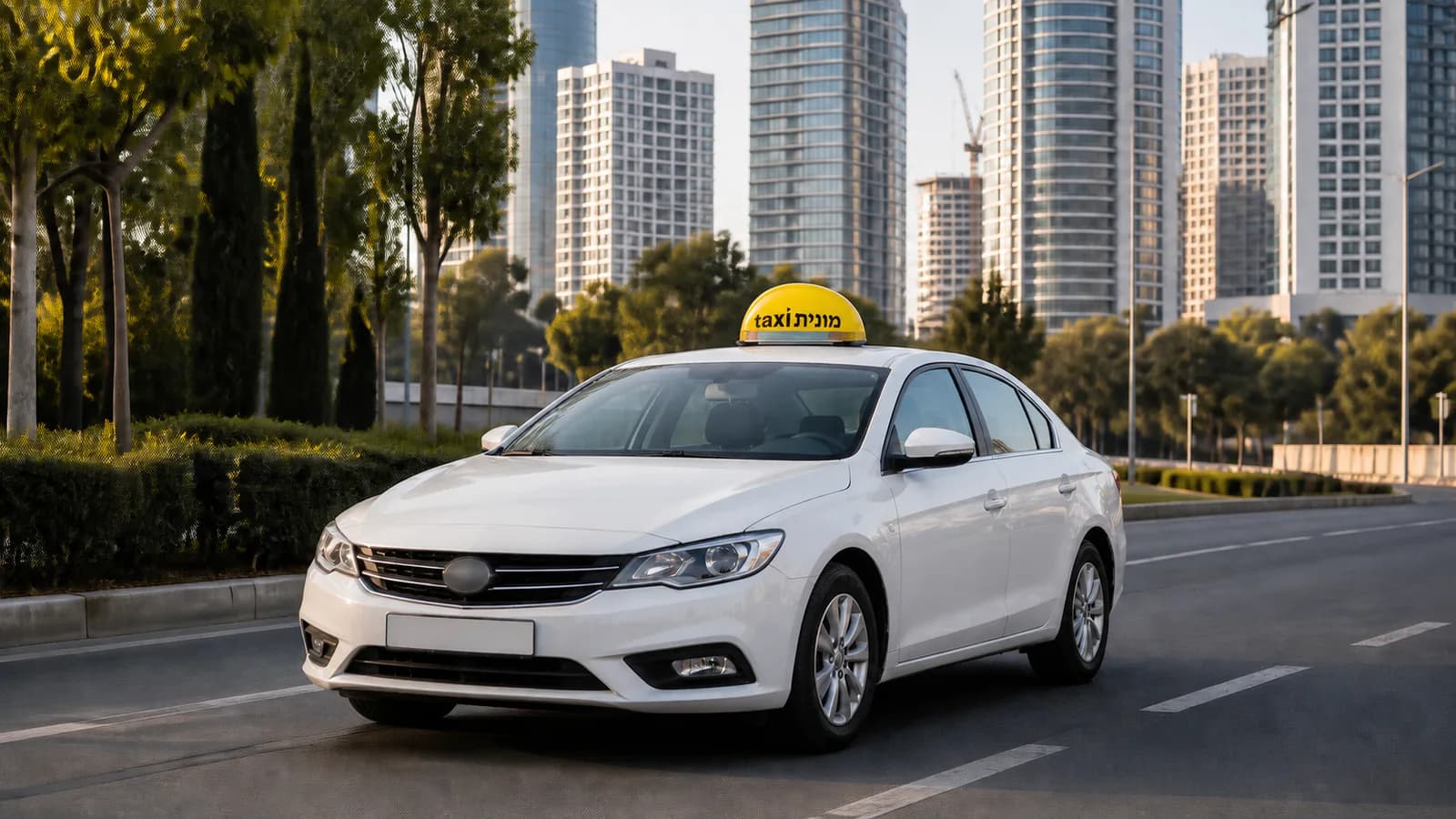 מונית לבנה עם כובע צהוב ועליו הכיתוב מונית taxi בתכנון מסלול בין רמת גן לנתב״ג