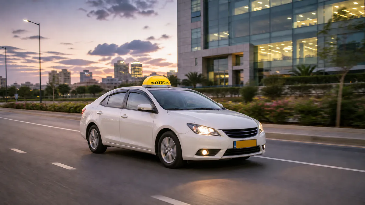 מונית לבנה עם כובע צהוב ועליו הכיתוב מונית taxi לאחר נסיעה מנתב״ג לרחובות