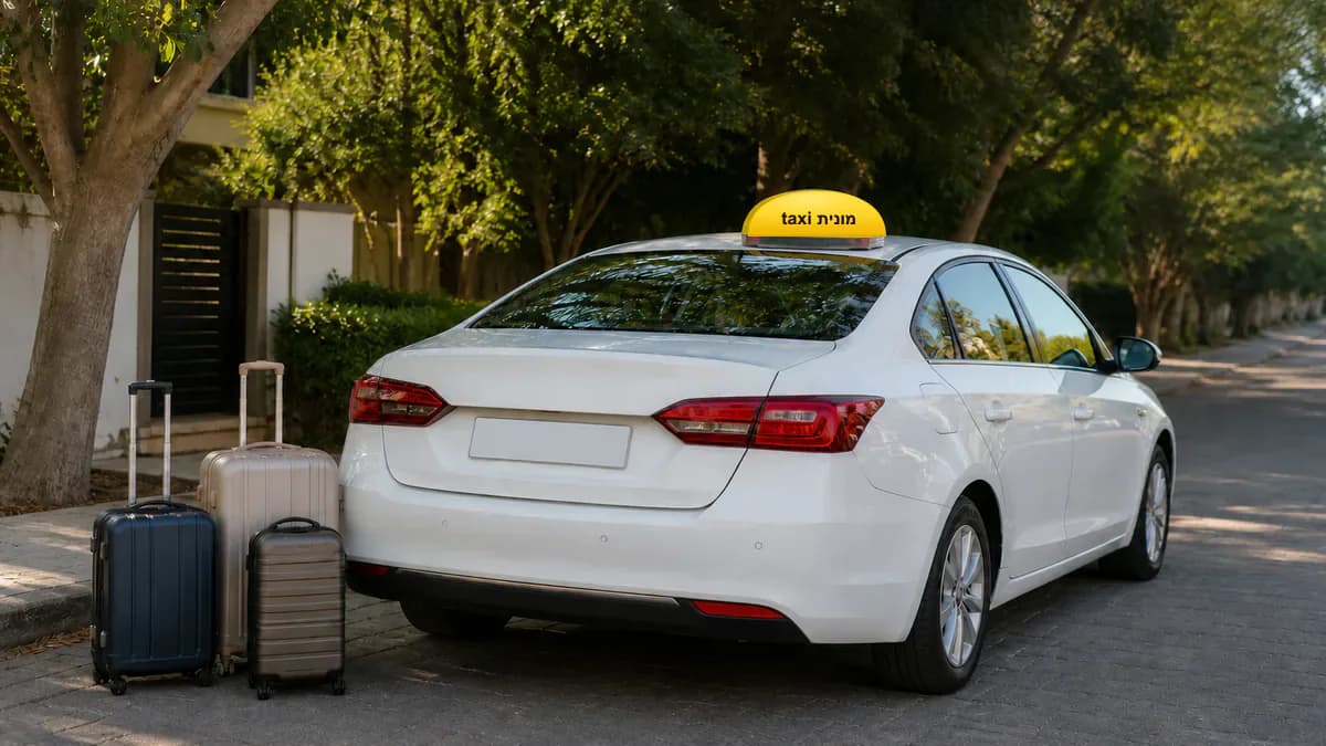מונית לבנה עם כובע צהוב ועליו הכיתוב מונית taxi ומזוודות לקראת יציאה מרחובות