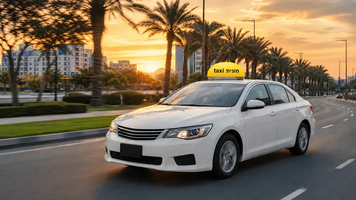 מונית לבנה עם כובע צהוב ועליו הכיתוב מונית taxi לאחר נסיעה מנתב״ג לראשון לציון