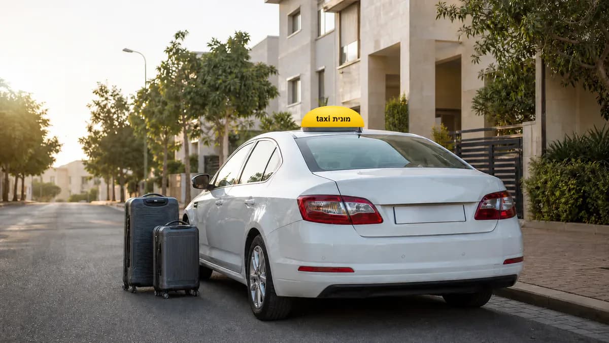 מונית לבנה עם כובע צהוב ועליו הכיתוב מונית taxi ומזוודות לקראת יציאה מראשון לציון